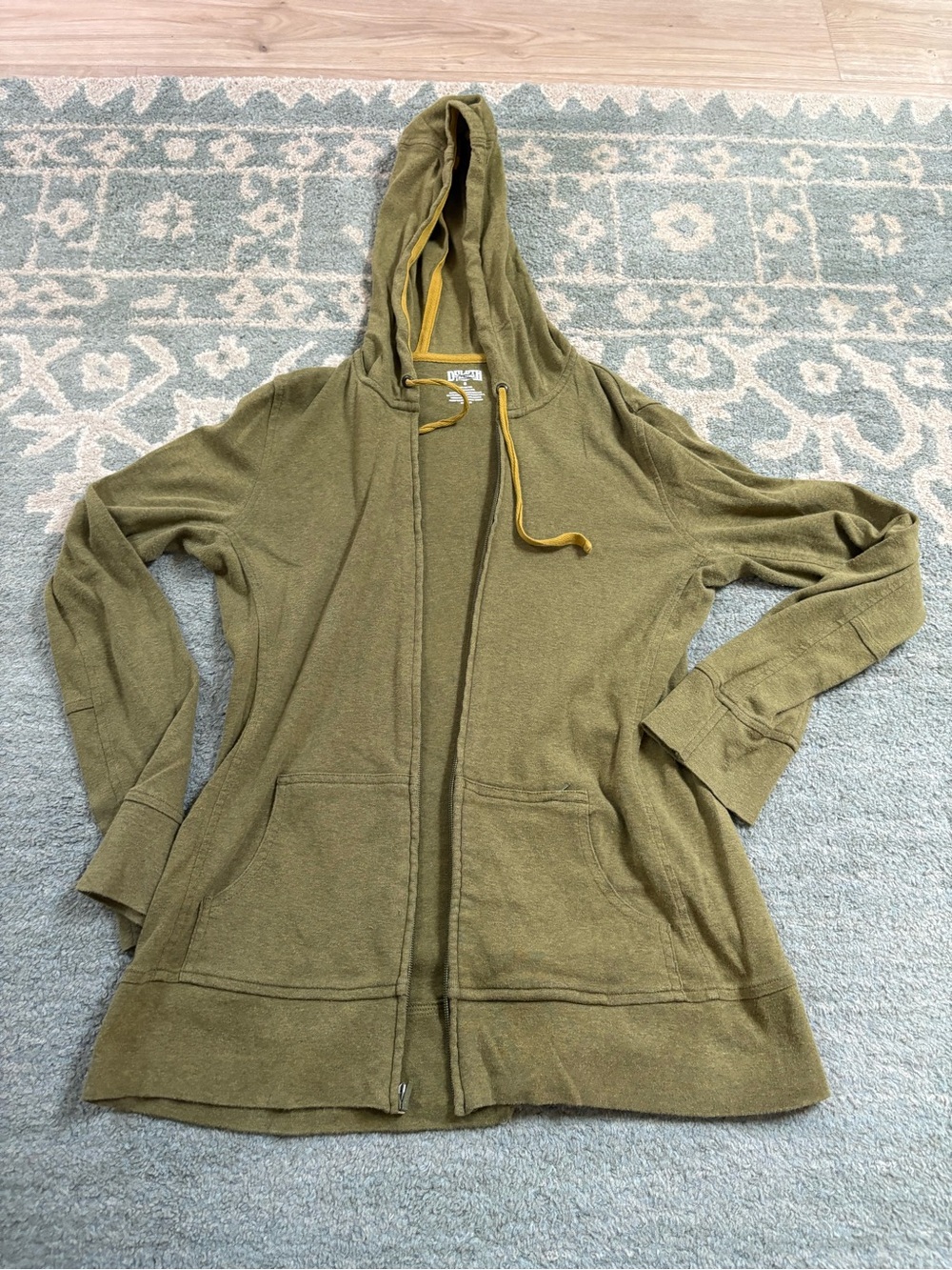 Duluth Trading Co Olive Green Hooded Zip Sweatshirt with Mustard Drawcord